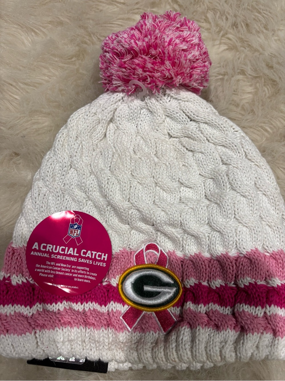 NFL Womens White & Pink Cable Knit Pom Beanie with Pink Ribbon Patch